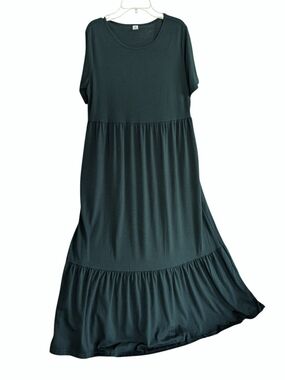 Anrabess Dark Green Short Sleeve Tiered Maxi Dress,  Size M